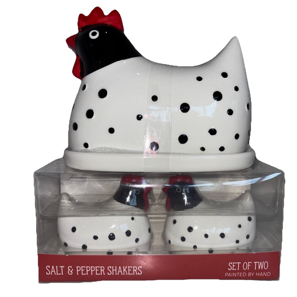 Boston Warehouse Rooster Chicken Black White Spot Salt & Pepper Butter Dish Set